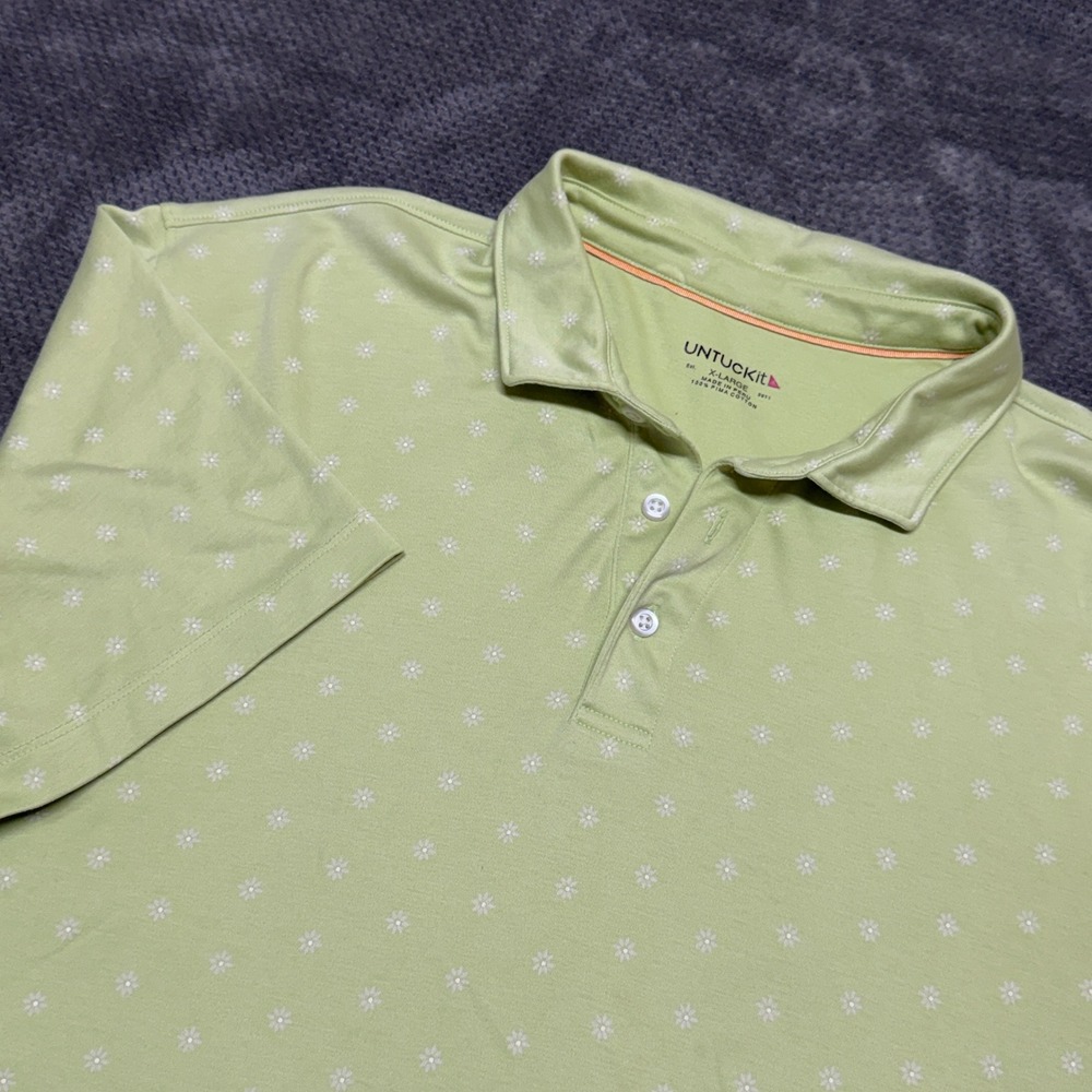 UNTUCKit Damian Polo Shirt Mens XL Green Floral Daisy Pima Cotton Short Sleeve